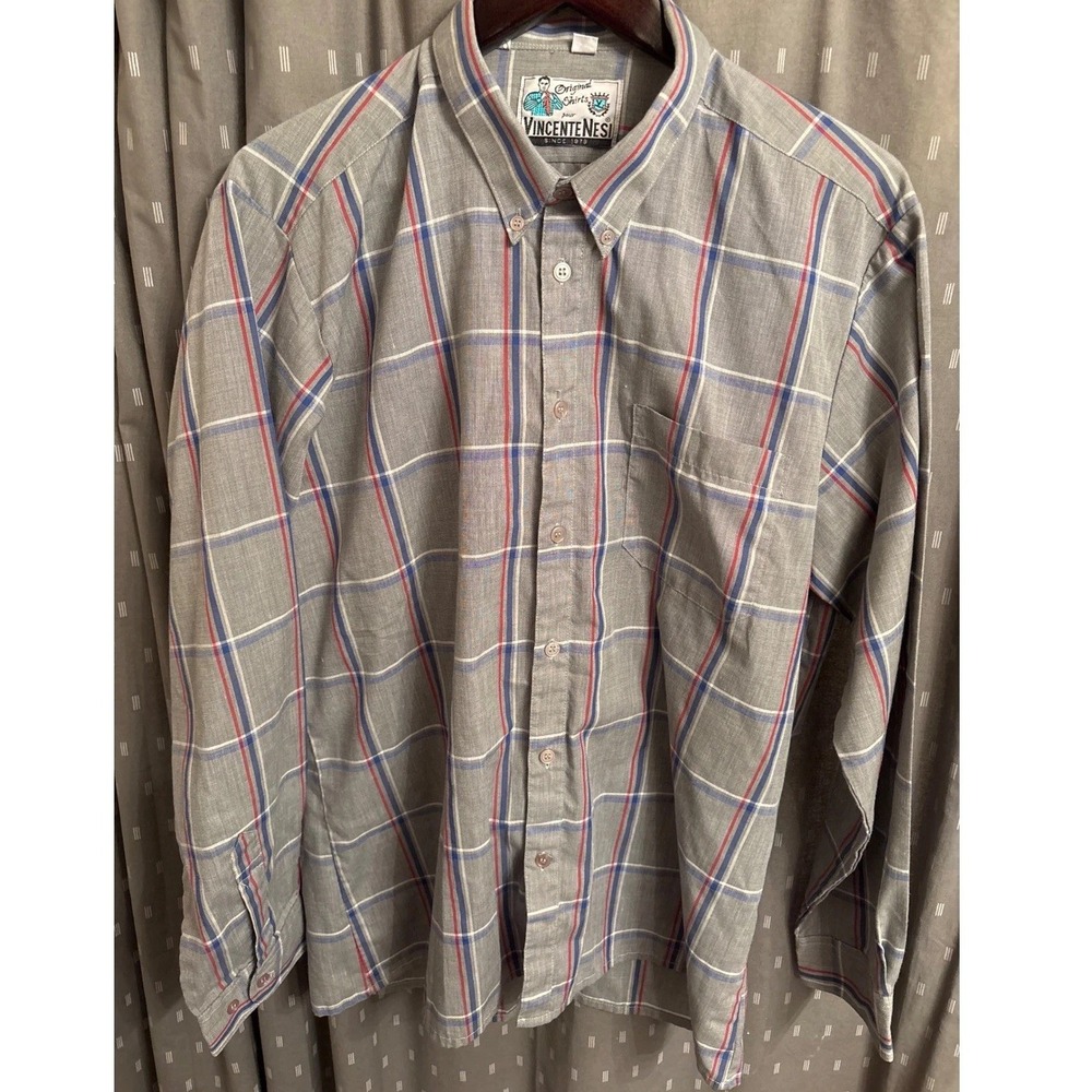 Vincente Nesi Mens Grey Plaid Button Down Shirt XL‎ 17 Vintage Long Sleeve